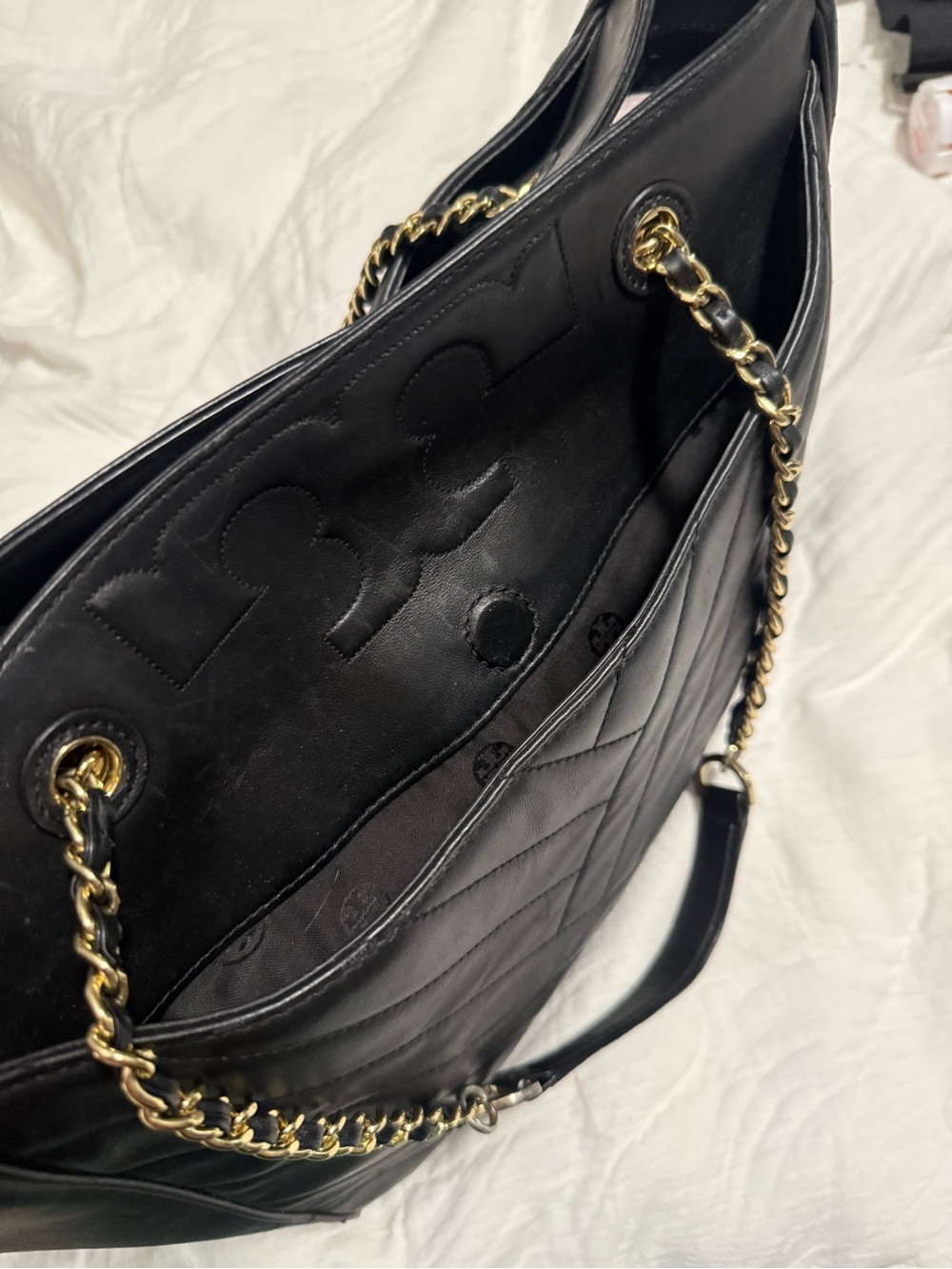Tory Burch Black Quilted Leather Shoulder Bag with Gold Chain